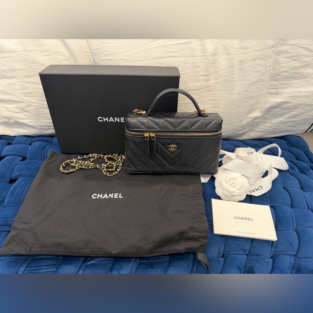 Chanel Classic Vanity with Chain Quilted Caviar Black Gold Slim Chevron